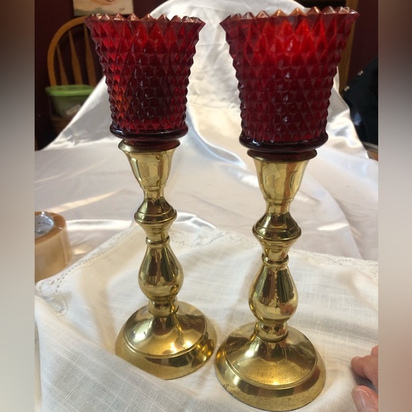 Vintage Set of Brass Candleholders and Ruby Red Votives - Picture 3 of 10